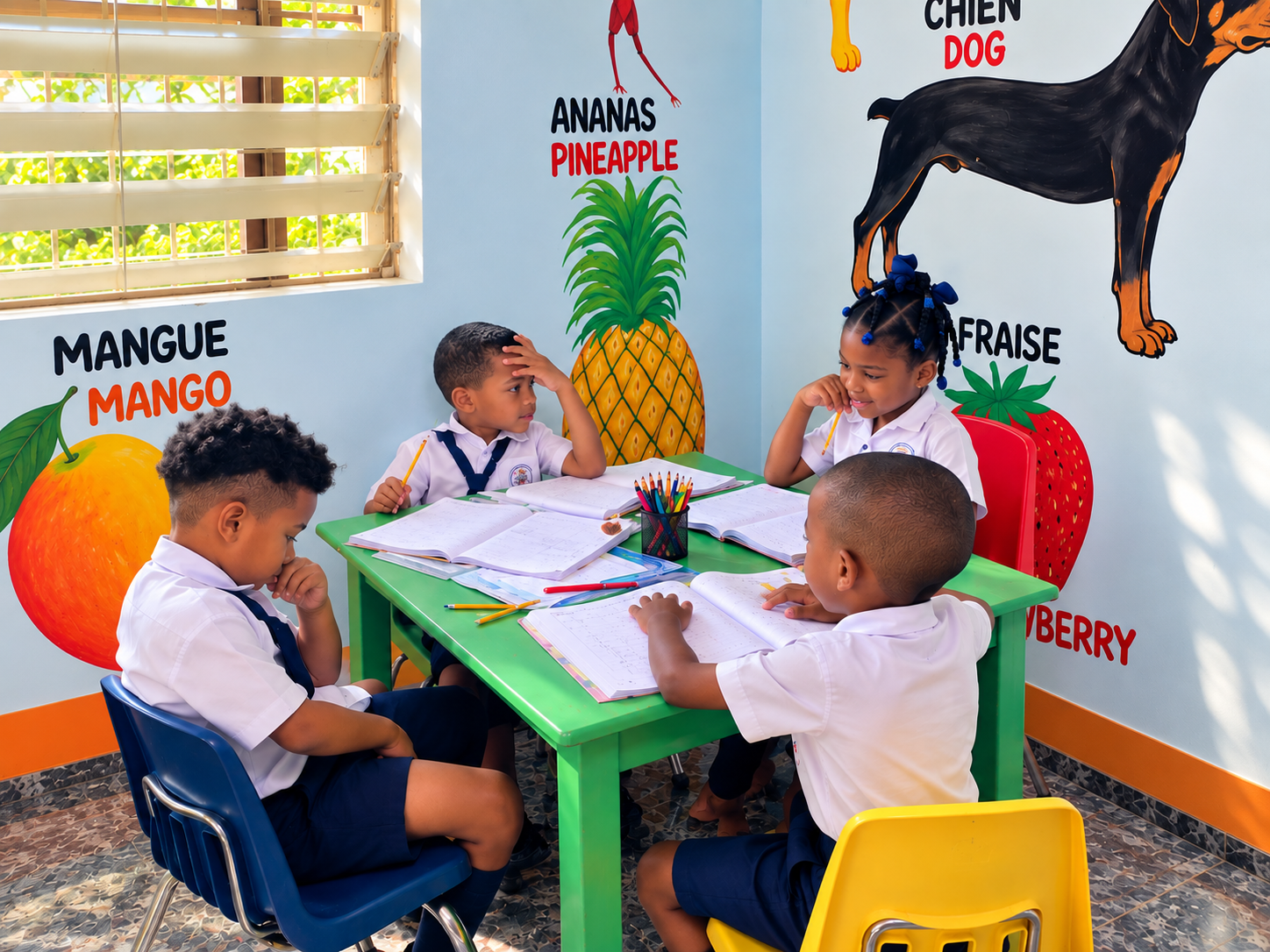 Children learning together around a green table in a classroom with colorful fruit murals