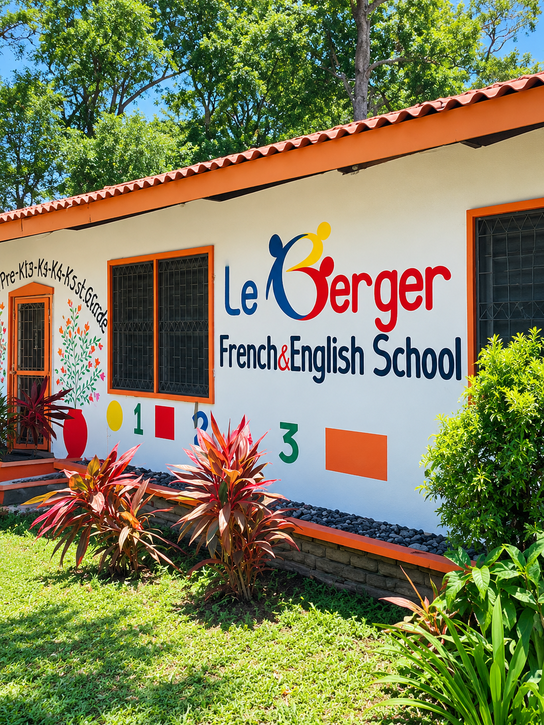 Le Berger school exterior and colorful wall mural