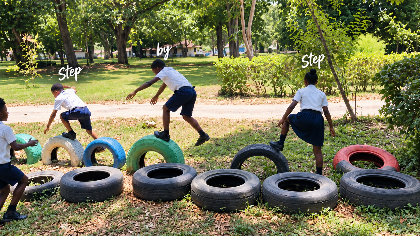 Children making their way across an outdoor tire course