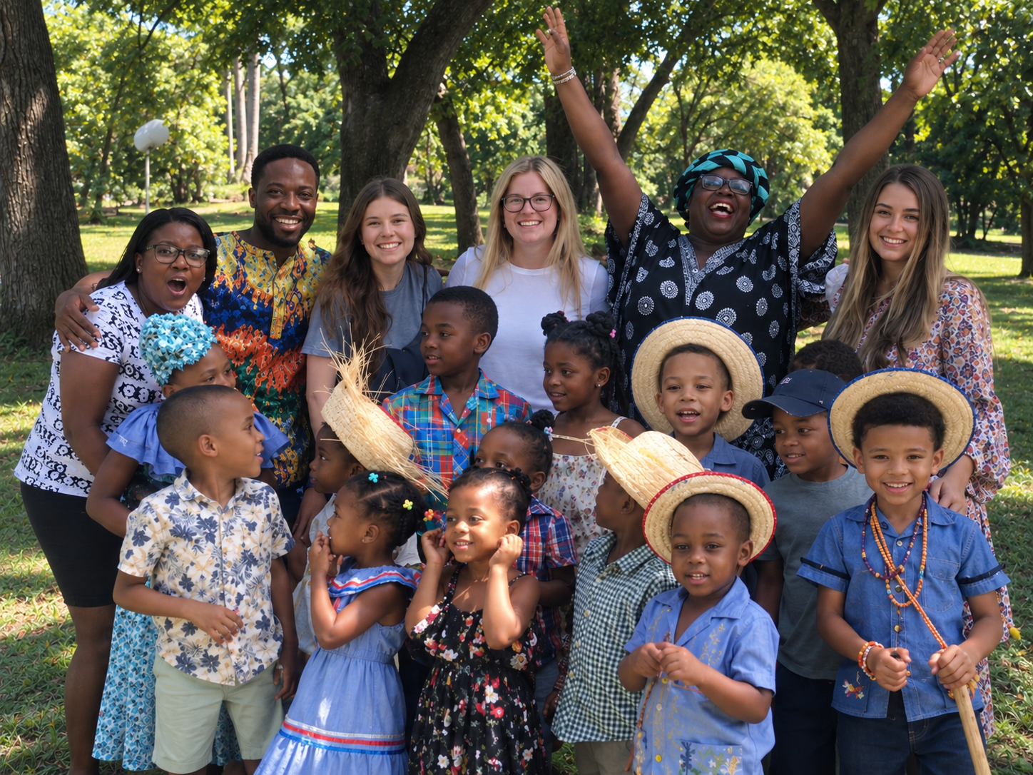 Children and adults enjoying a gathering together in a leafy park